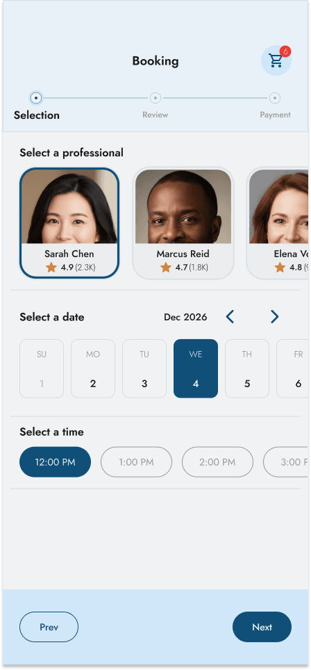 Glowva booking screen