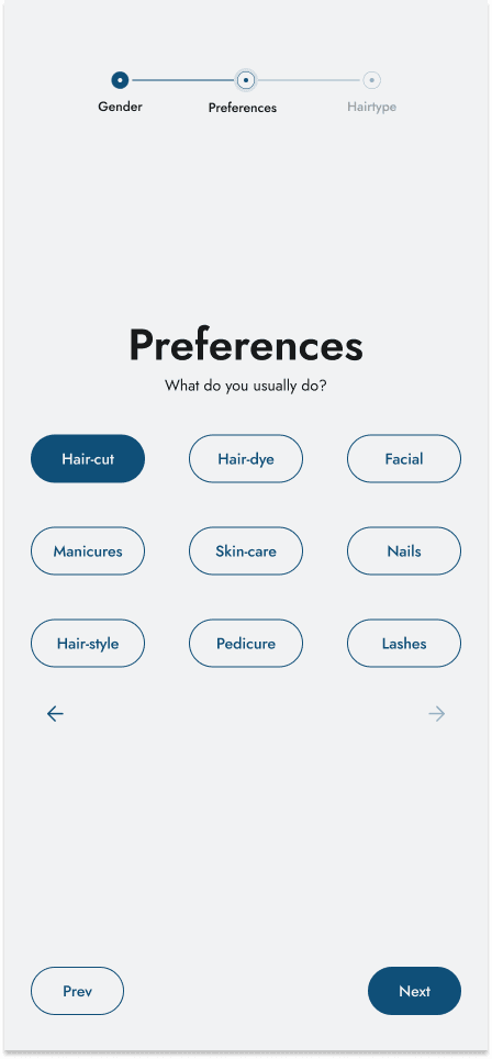 Preferences selection screen