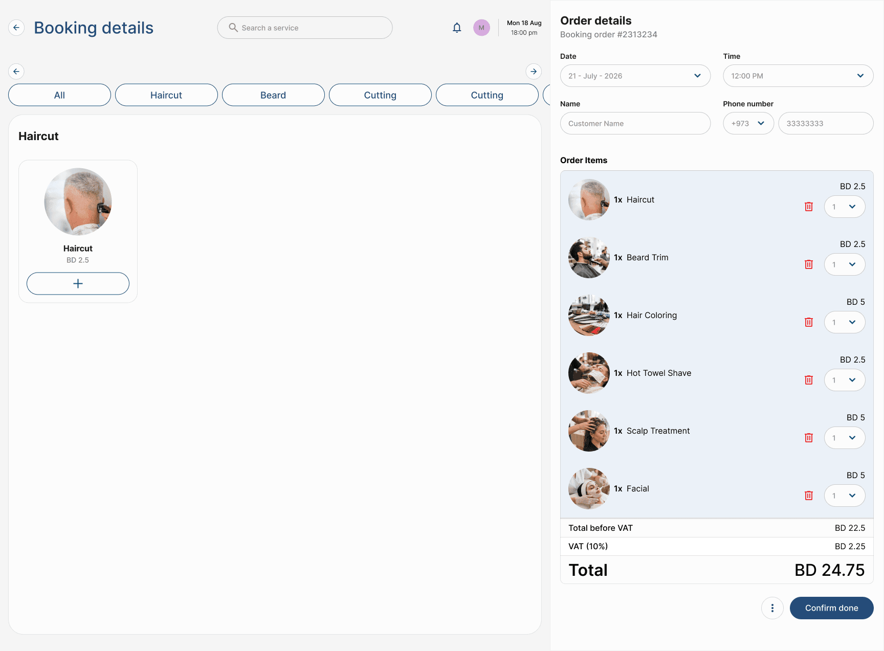 Booking details and checkout screen with order builder