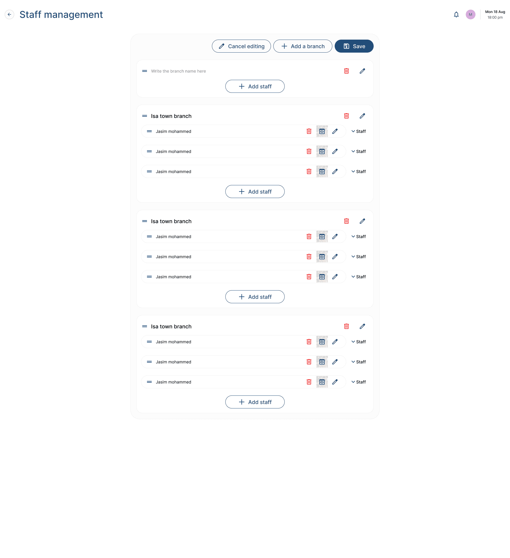 Staff management screen in edit mode
