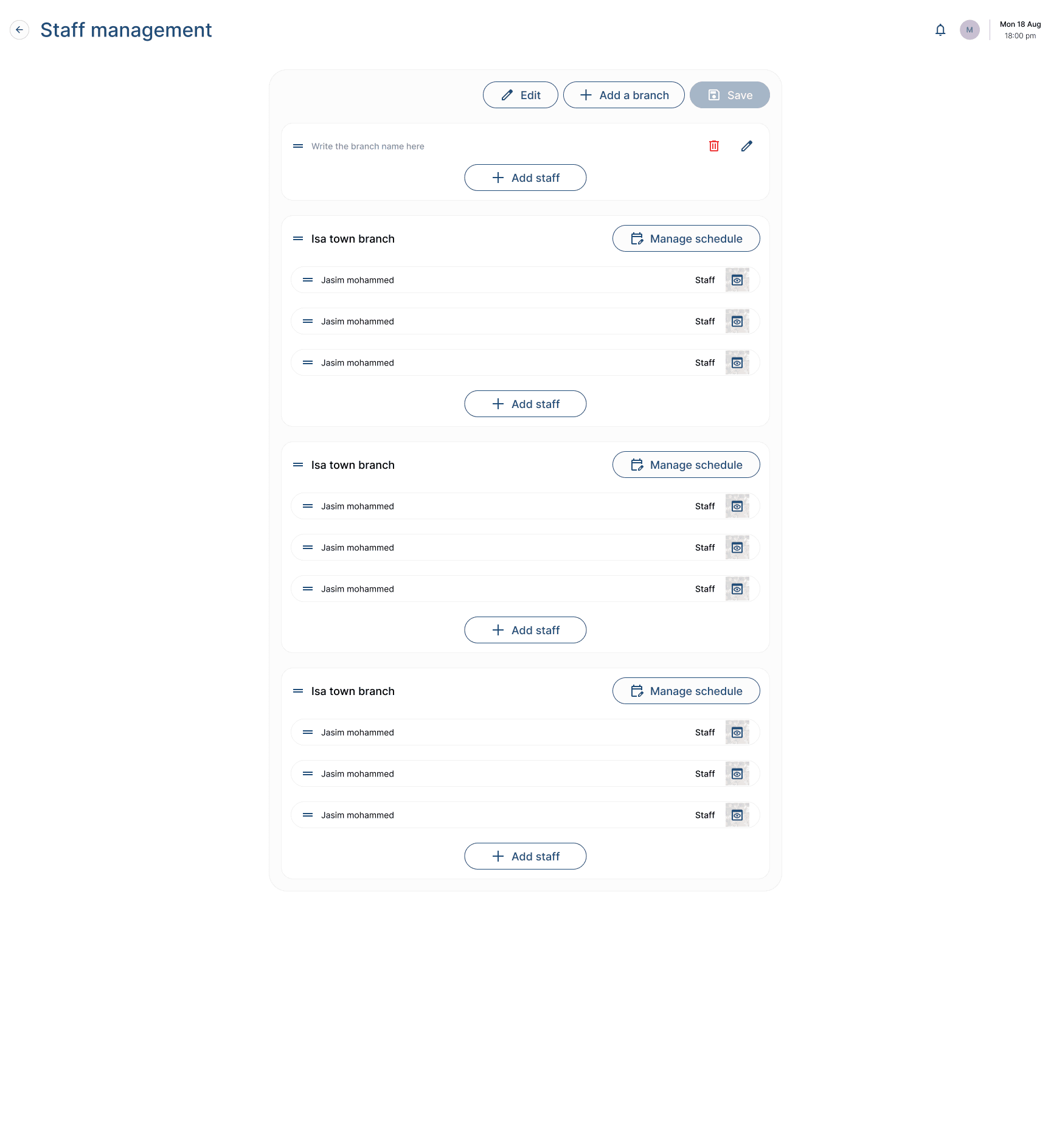 Staff management screen in view mode