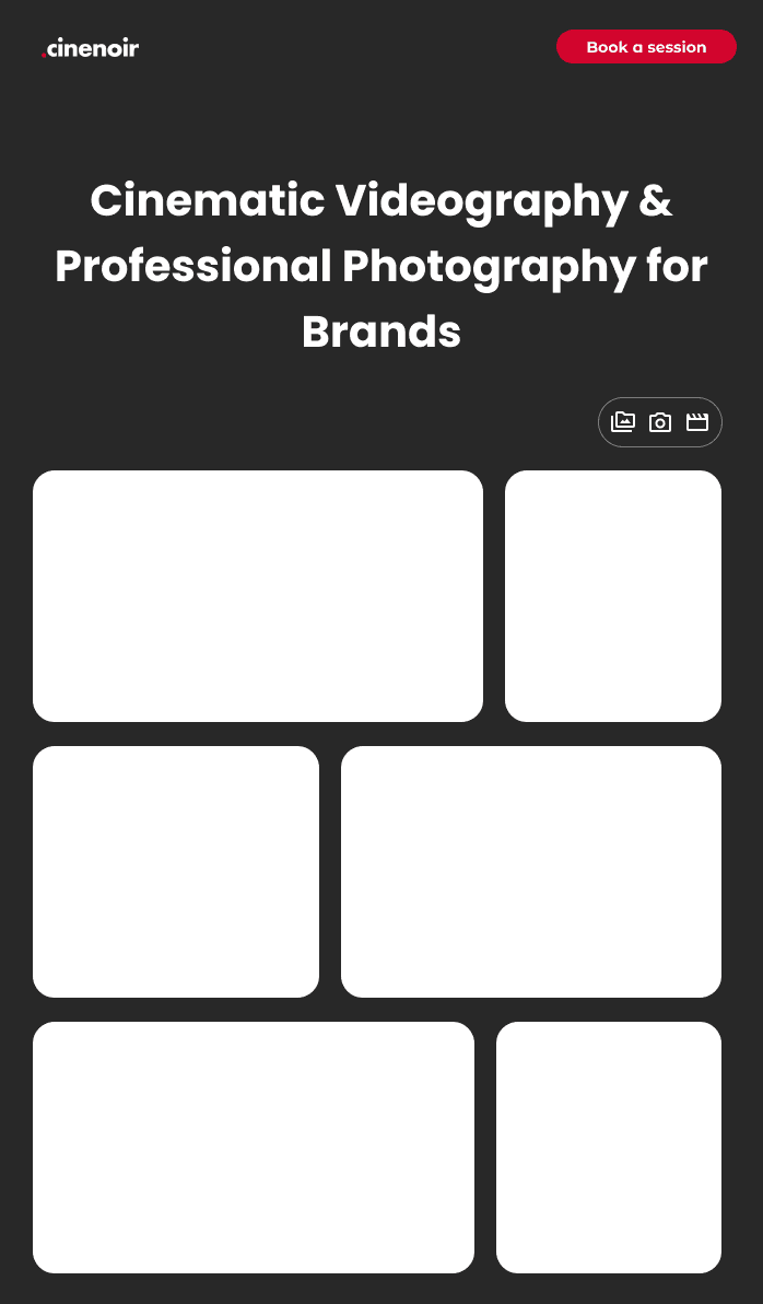 Original Figma sketch of the Cinenoir homepage: logo, Book a session button, headline, filter icons, and a bento grid of empty tiles